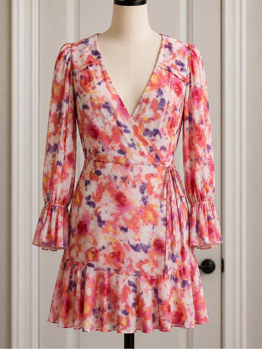 Betsey Johnson Pink Watercolor Floral Wrap Dress with Puff Sleeves